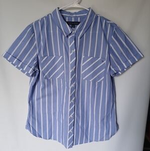 Tommy Hilfiger Women's Camp Shirt Size LG Stripe Blue/White